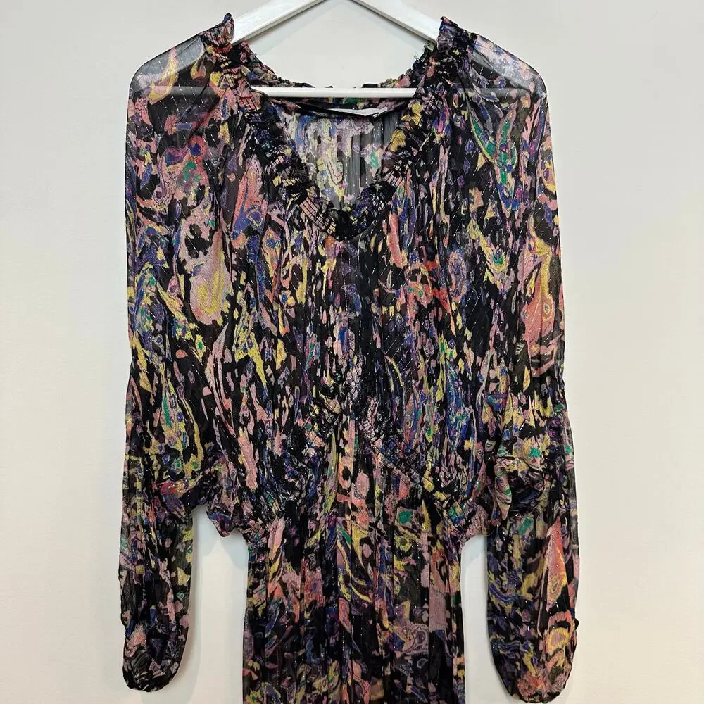 IRO Paris Ramona Dress Ruffle Trimmed Metallic Printed Chiffon Midi 40 - Picture 6 of 11